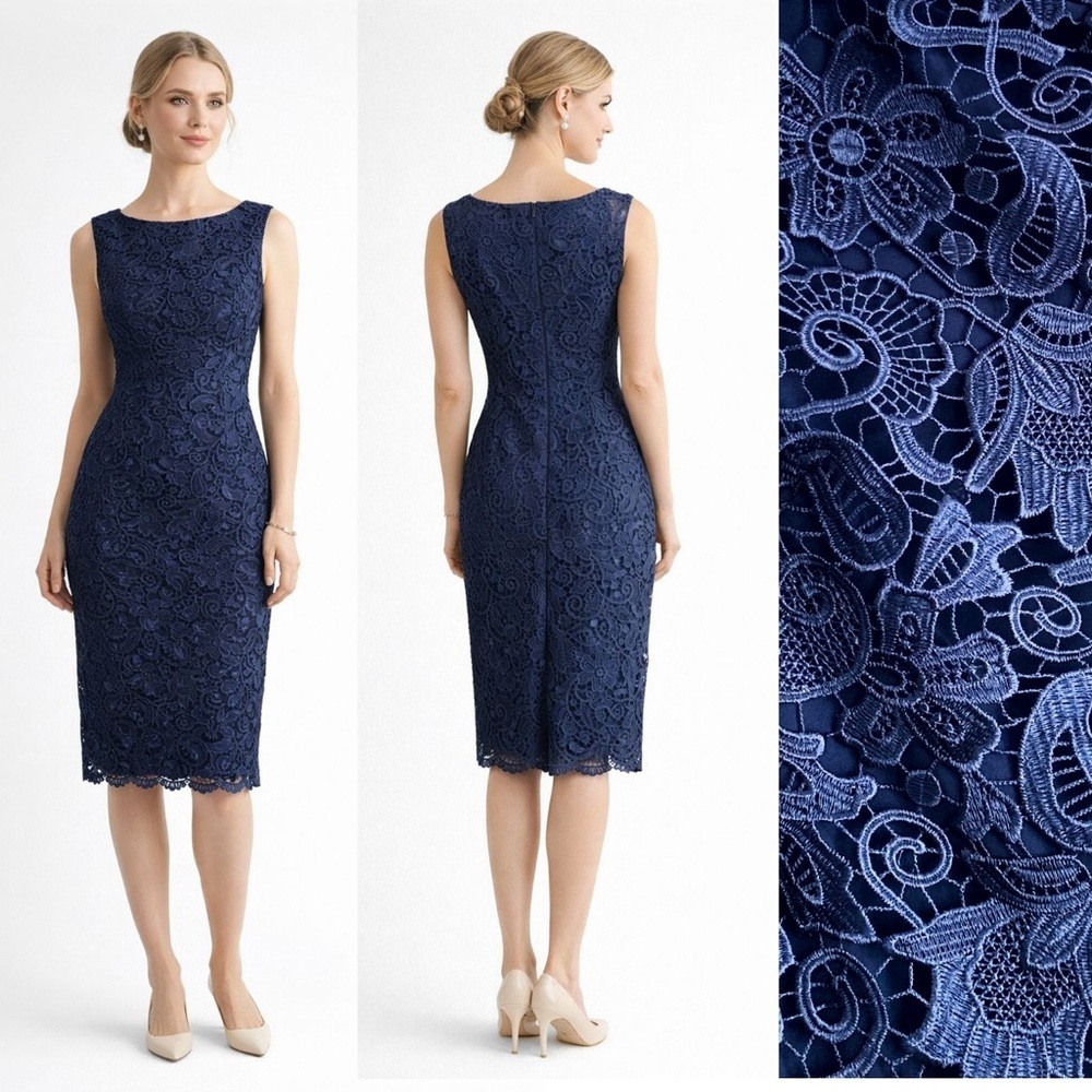 Lauren Ralph Lauren Navy Lace Floral Embroidered Wedding Sheath Dress Carer 4